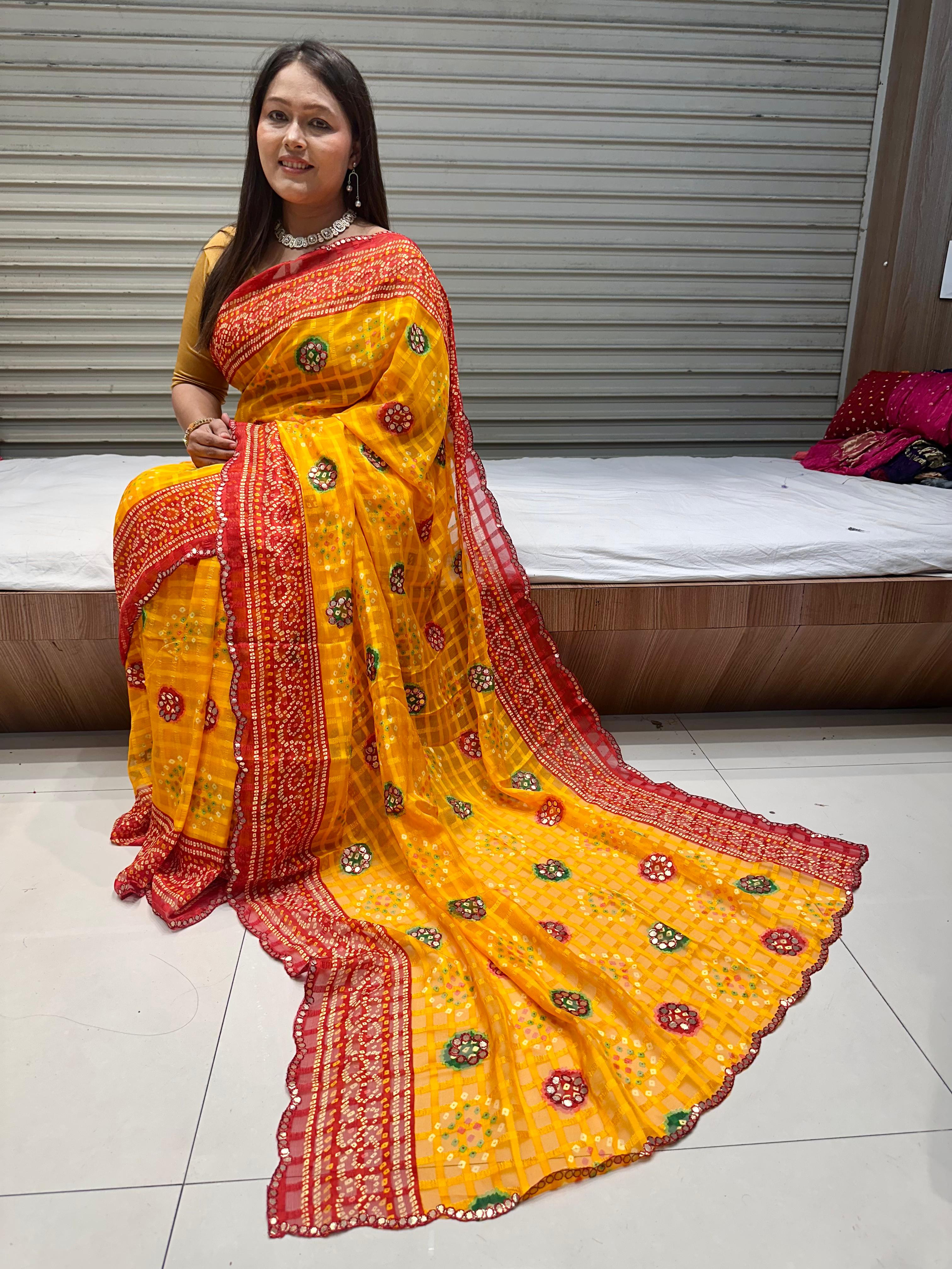 Elegant Bandhani Leriya Print Viscose Georgette Saree with Gota Patti Border Blouse