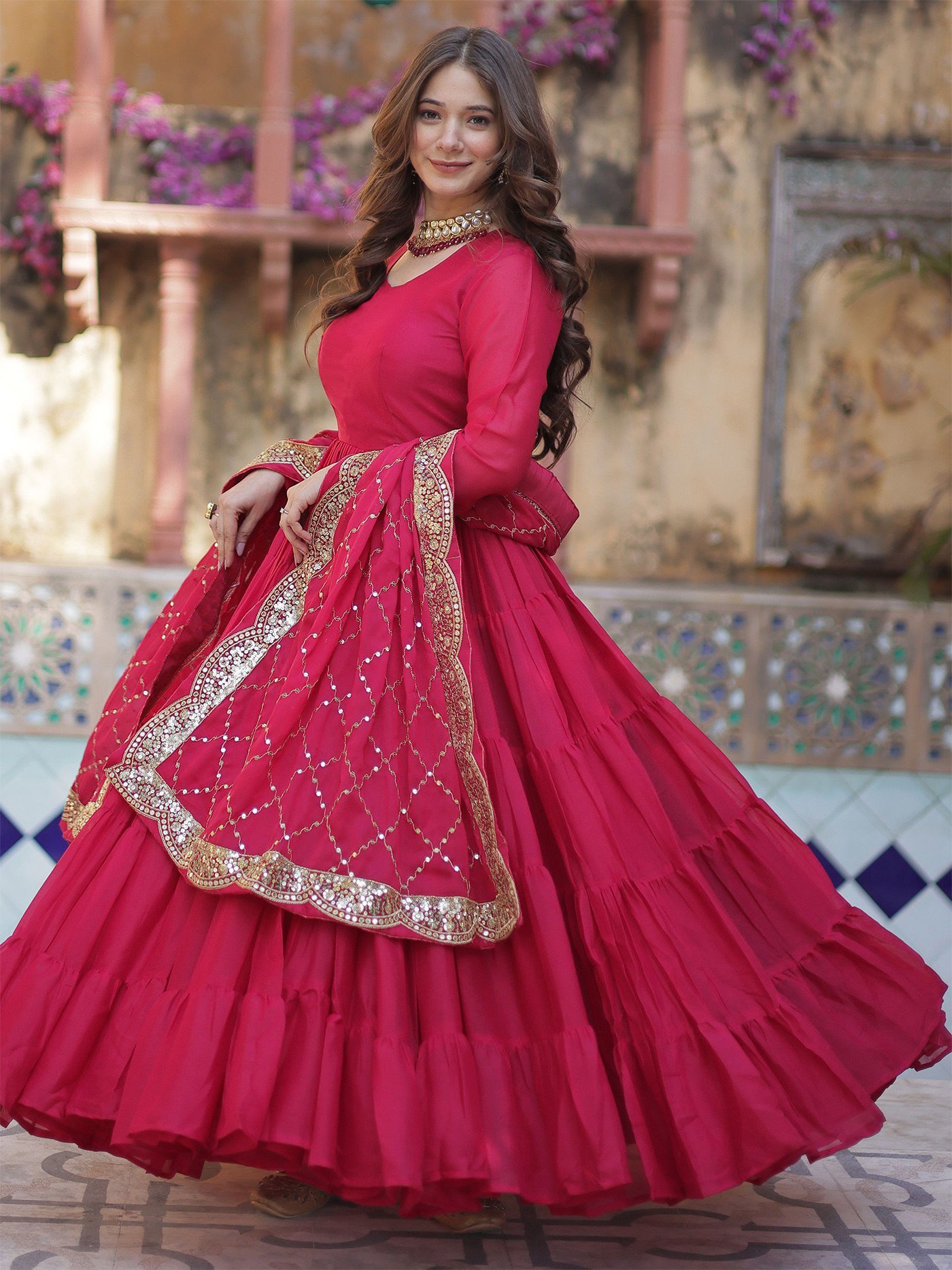 Embroidered Georgette Stitched Anarkali Gown with Dupatta – Pink | Full Sleeve | Party & Festive Wear