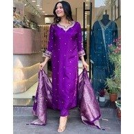 Women’s Silk Embroidered Kurta Pant Dupatta Set – Purple | Festive & Party Wear