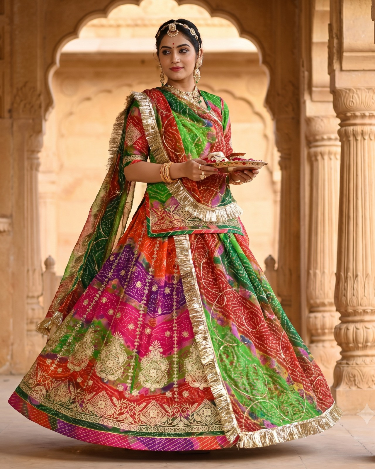 Regal Panchrangi Half-Pure Poshak with Kundan Work