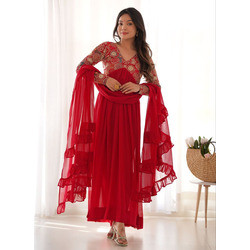 Embroidered Georgette Anarkali Gown with Dupatta – Red, Stitched, Full Sleeve