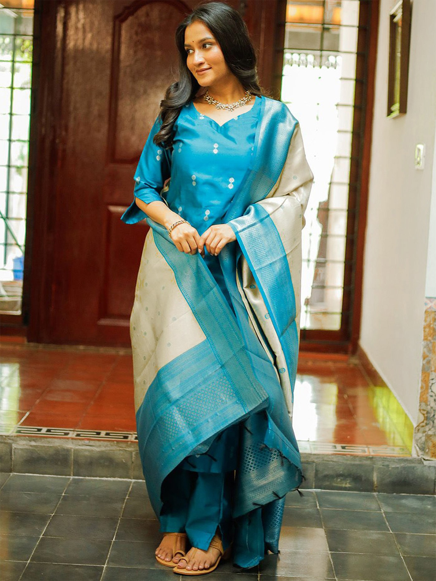 Women's Sky Blue Cotton Kurta Pant Dupatta Set - Elegant & Comfortable 3-Piece Outfit