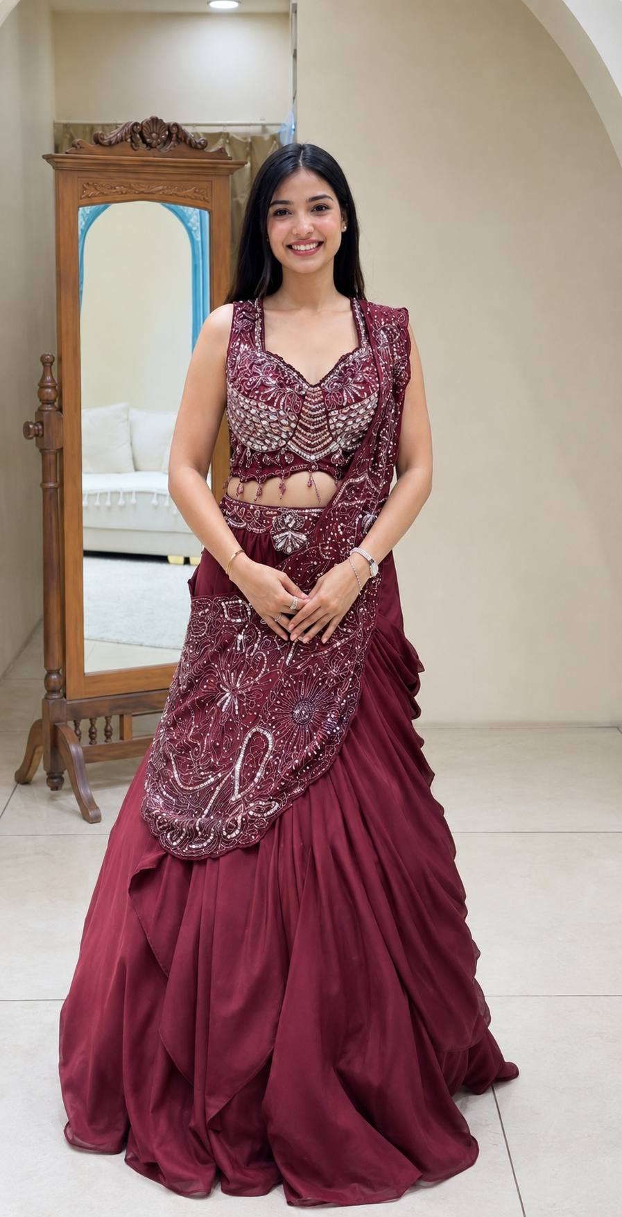 Rangoli Silk Lehenga Style Saree with Blouse – Embroidery Sequins Work & Attached Pallu
