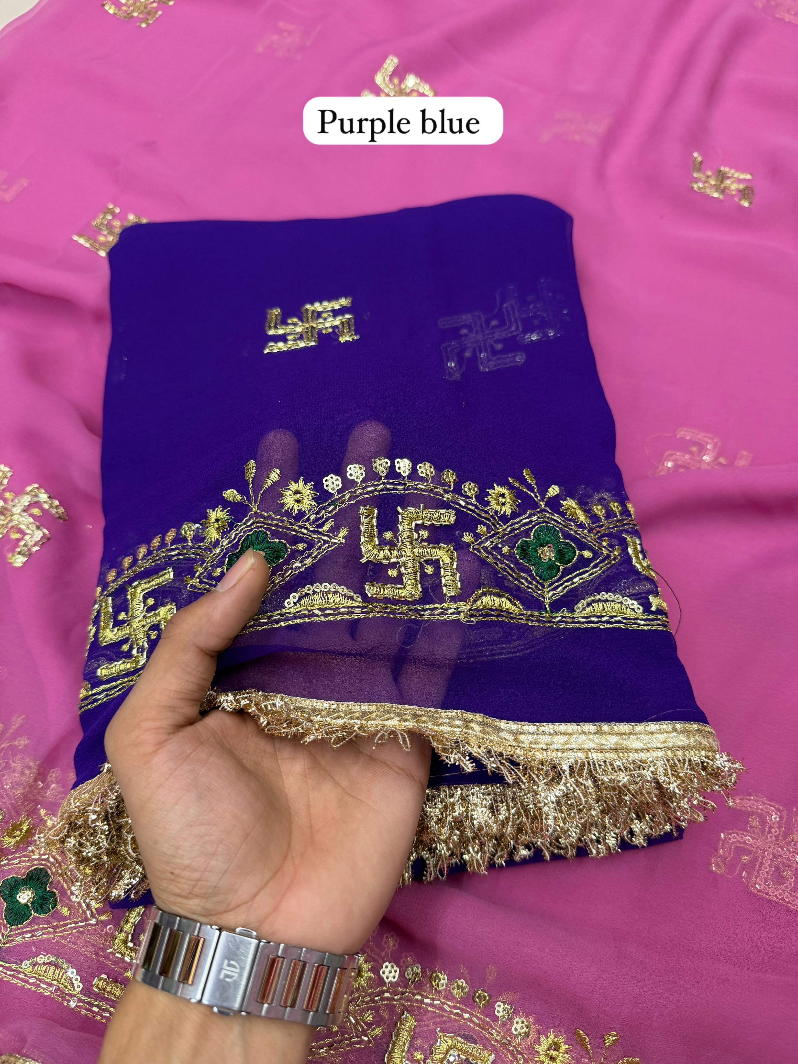 Premium Swastik Symbol - Royal Georgette Saree with Elegant Hand Katdana Work