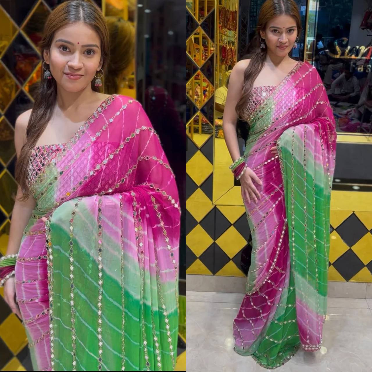 Faux Georgette Beads & Real Mirror Digital Print Work Saree