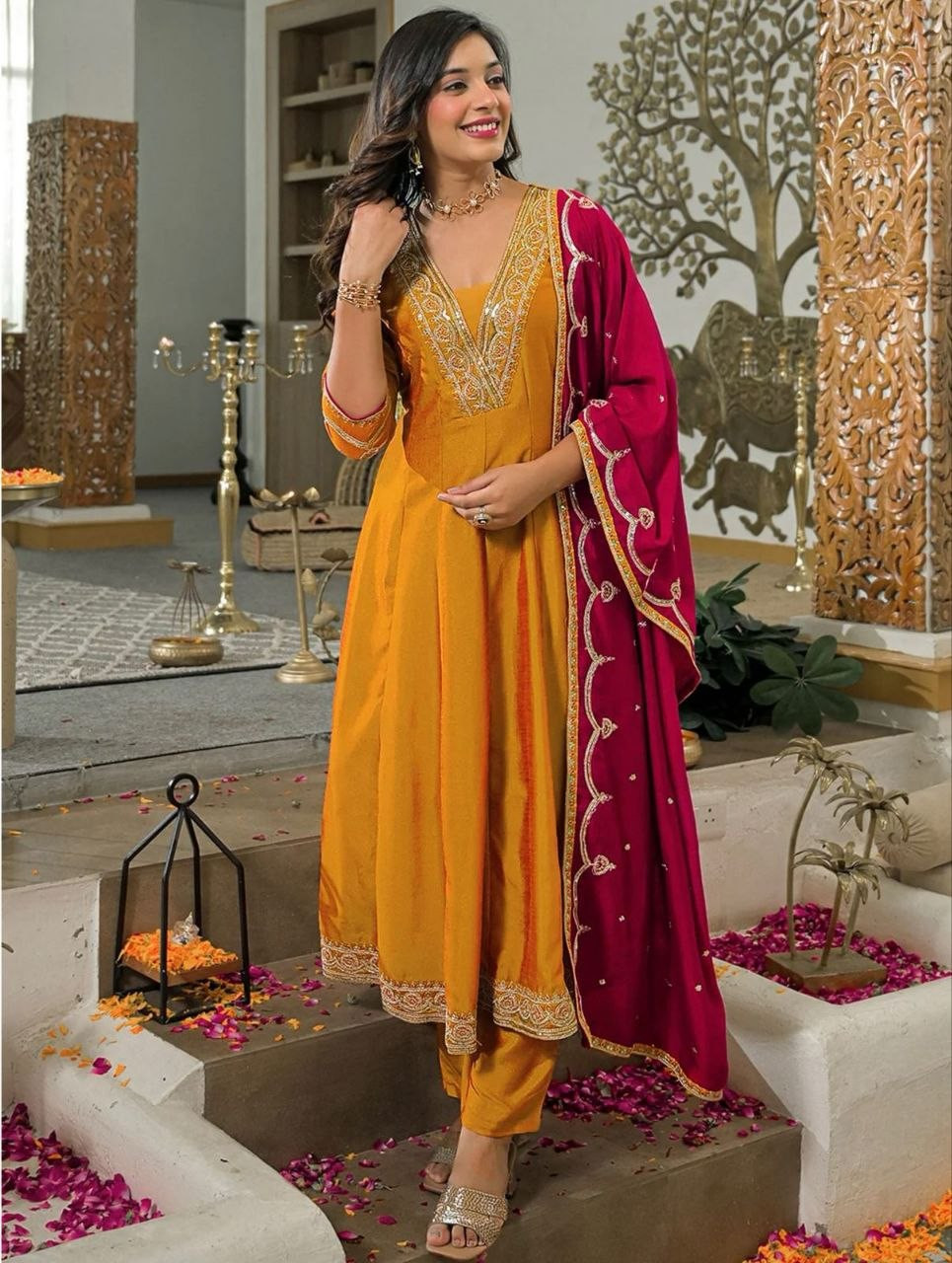 Elevate Your Ethnic Wardrobe with Our Trendy Vichhitra Silk Anarkali Kurti Pant Set