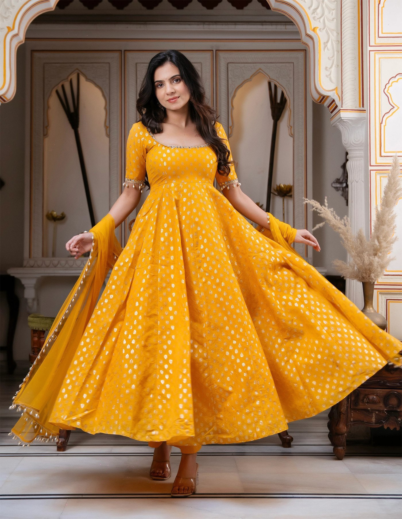 Yellow Chanderi Jacquard Butti Designer Anarkali Suit Set with Embroidery & Mirror Work