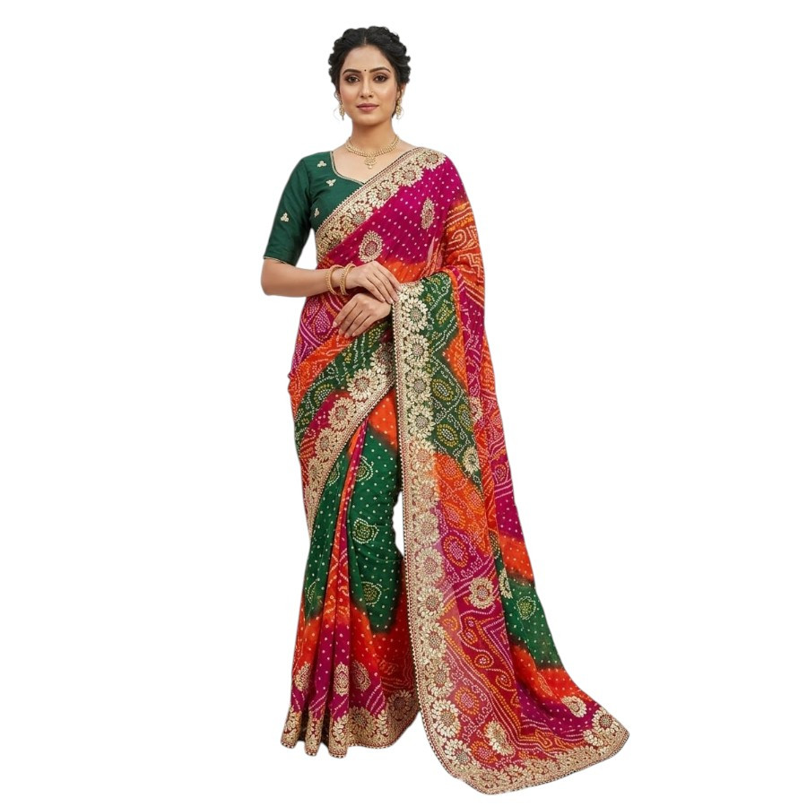 Multicolour Bandhej Saree With Heavy Coding & Gota Work