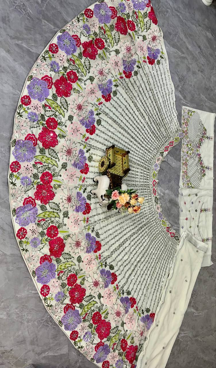 4 Meter Flared Fox Georgette Lehenga with Real Mirror & Sequins Embroidery | Semi-Stitched Lehenga with Can-Can & Canvas Layers | Glamorous Festive Wear Set