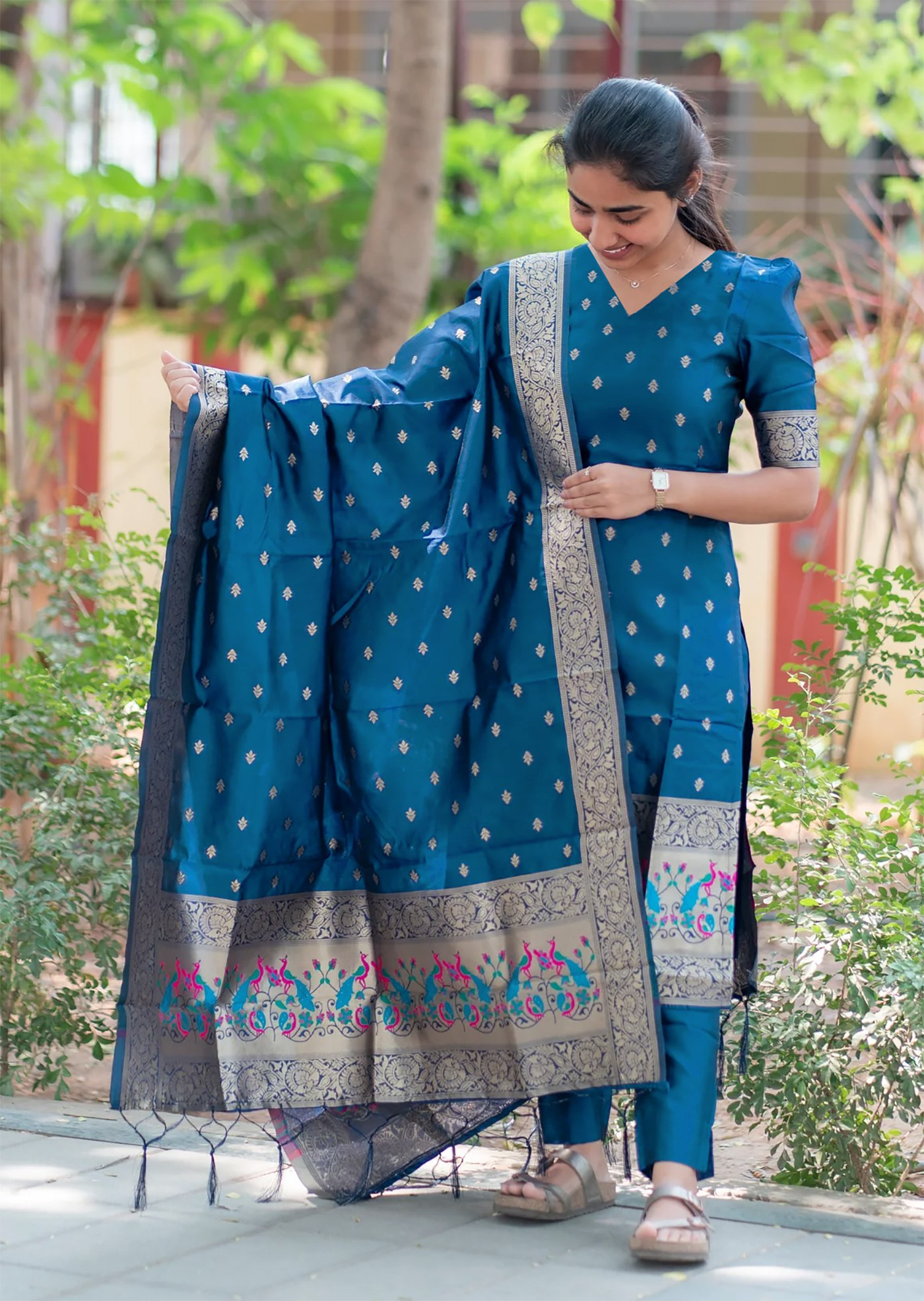 Women’s Jacquard Kurta Pant Dupatta Set | Cerulean Ethnic Wear with Weaving Work & Lace Border