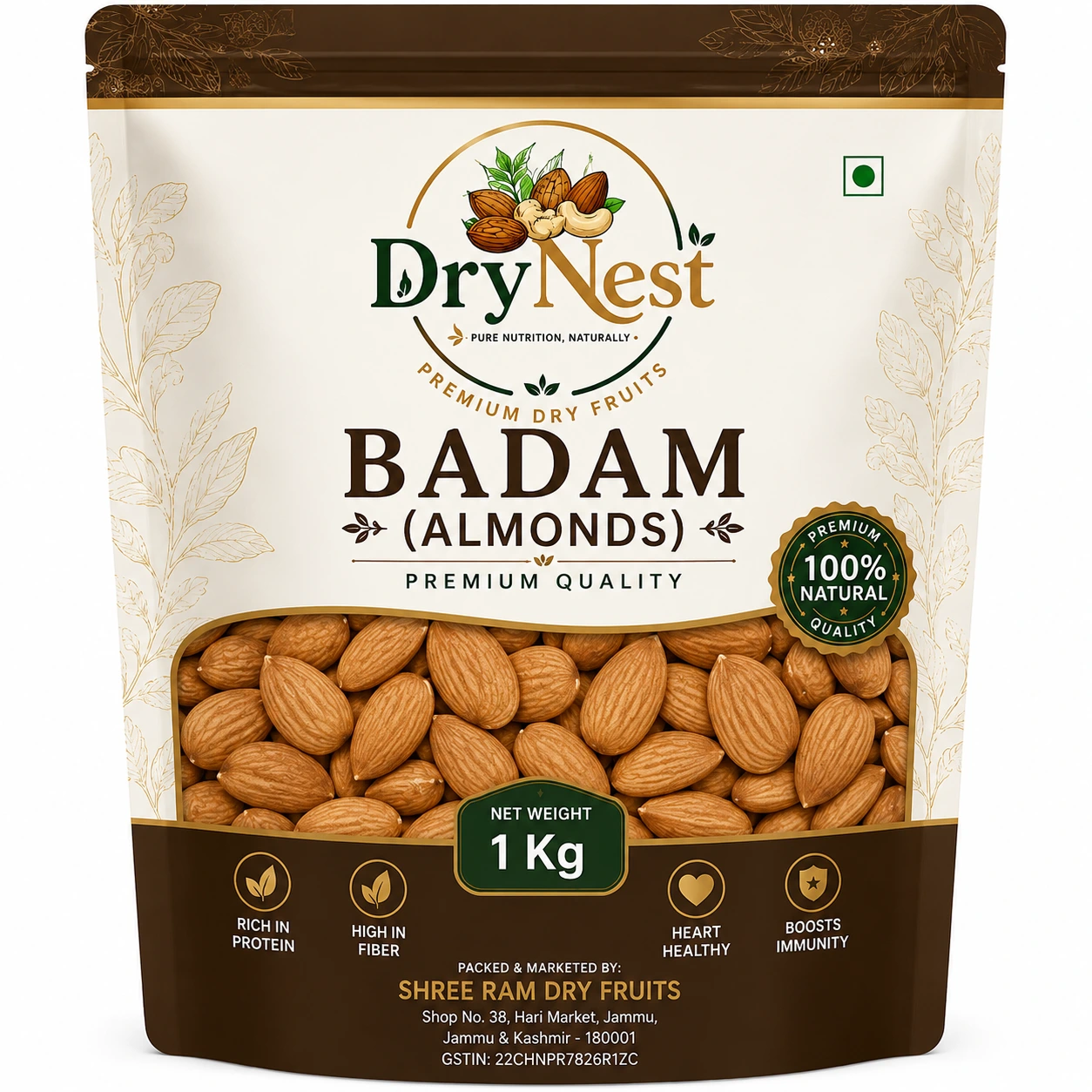DryNest Premium Regular Badam (Almonds) 1kg | 100% Natural Whole Almonds