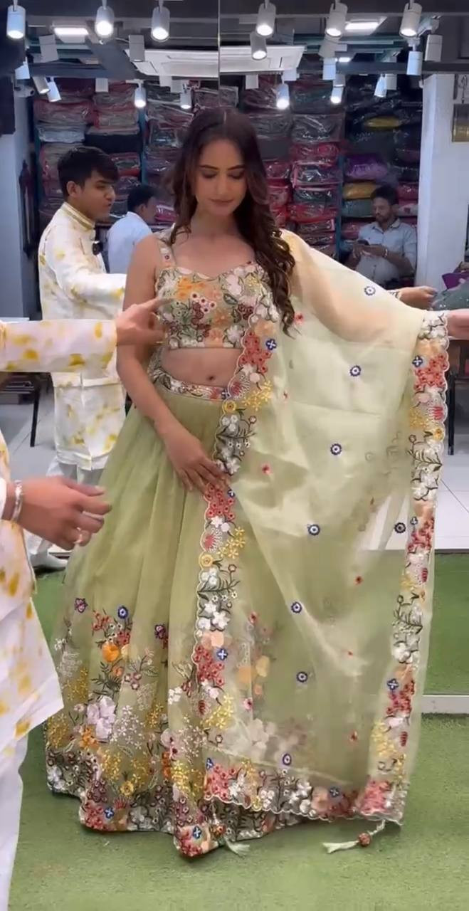 Multi-Thread Embroidered Lehenga with Can-Can & Canvas Layers | Super Organza Silk | Semi-Stitched Glamorous Set