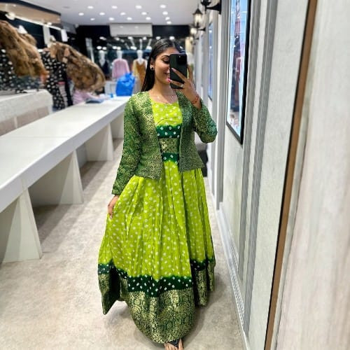 Royal Kanjiveram Silk Bandhani Gown with Koti | 5 Meter Flare Zari Bandhej Dress