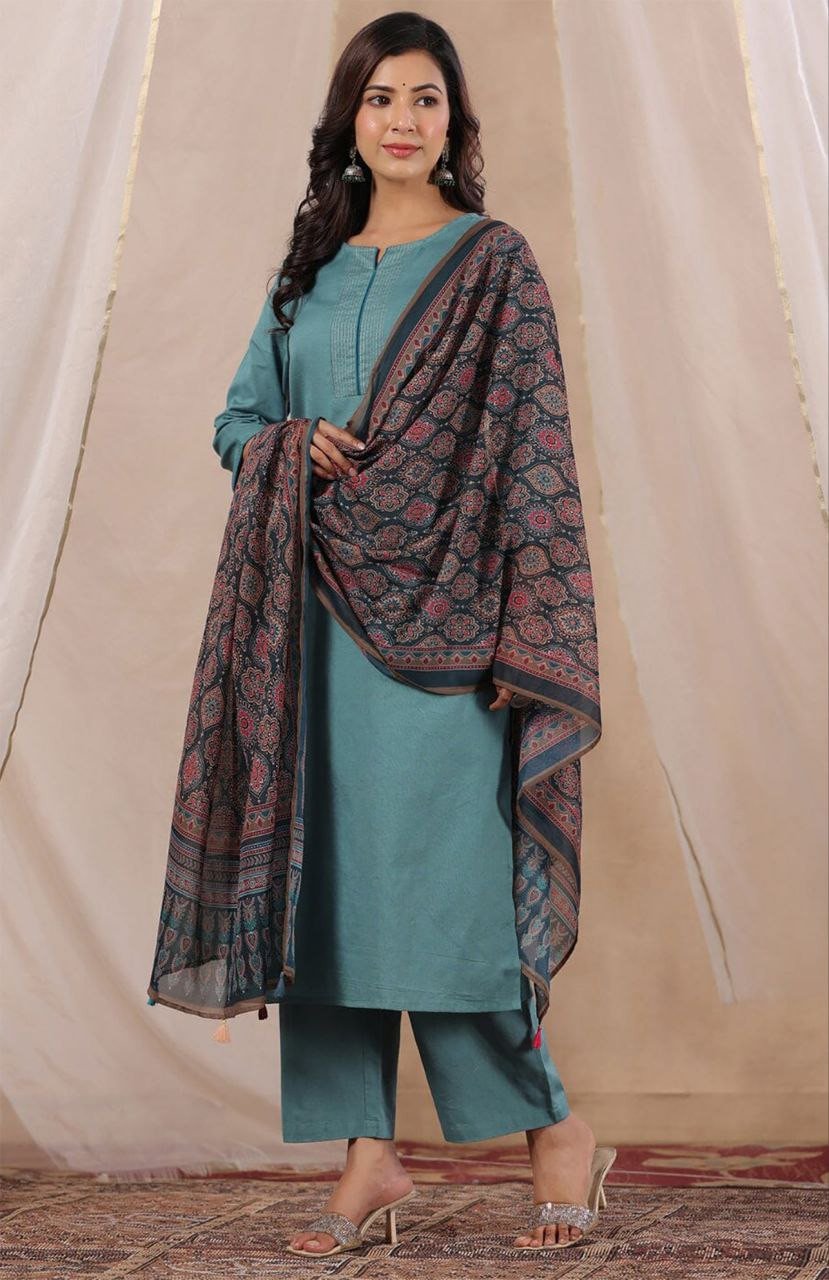 Elegant Sky Blue Roman Silk Kurta Pant Dupatta Set for Women |