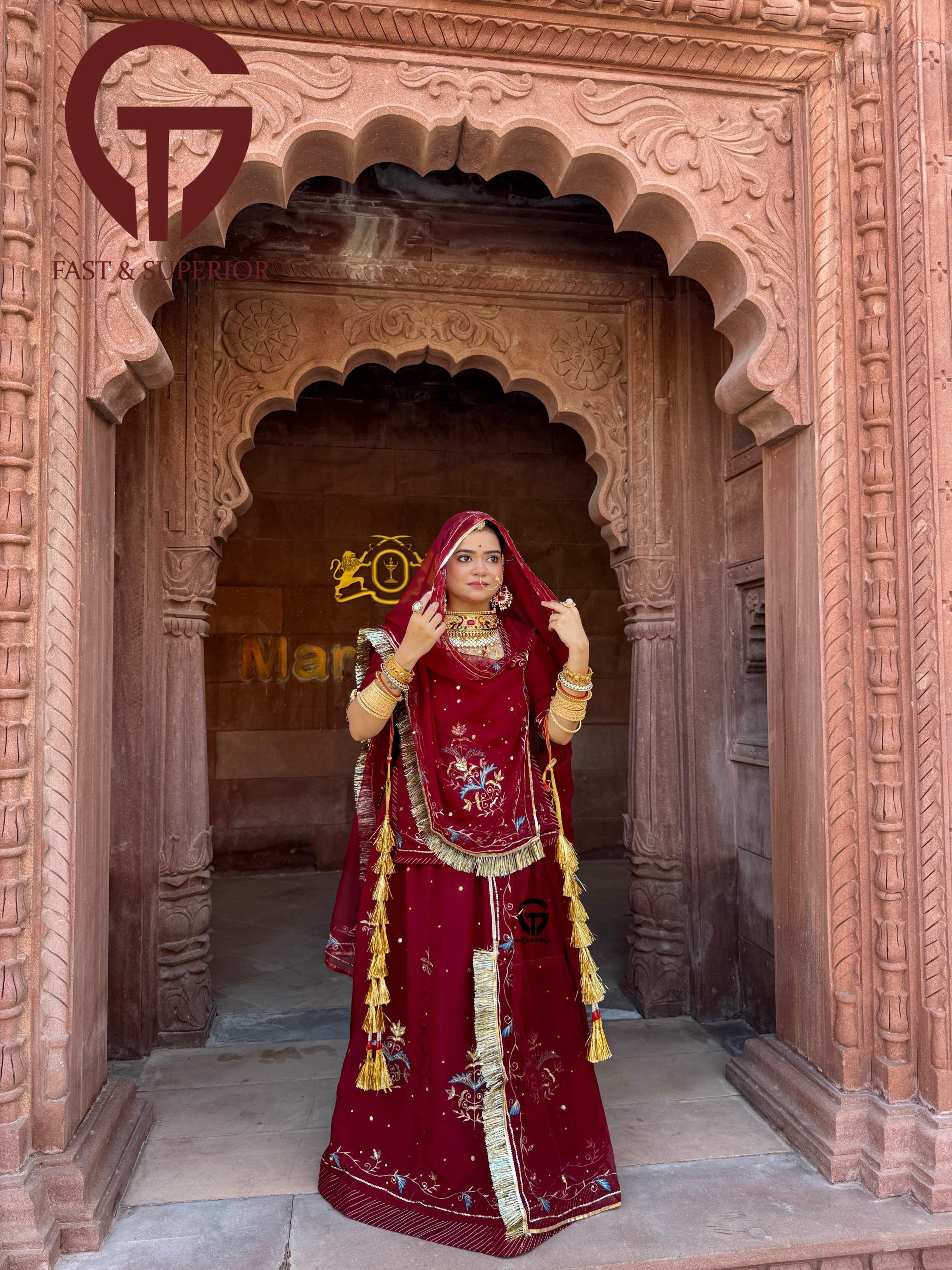 Elegent Partywear Natural Crepe Humrahi With Gota Kiren Rajputi Poshak