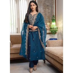 Cerulean Blue Embroidered Tesla Kurta Pant Dupatta Set for Women