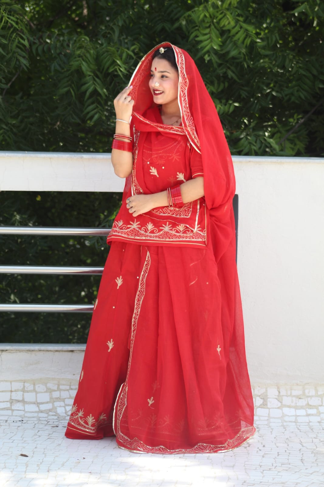 Karwa Chauth Special Cotton Rajputi Poshak Wth Sequence And Zari Work