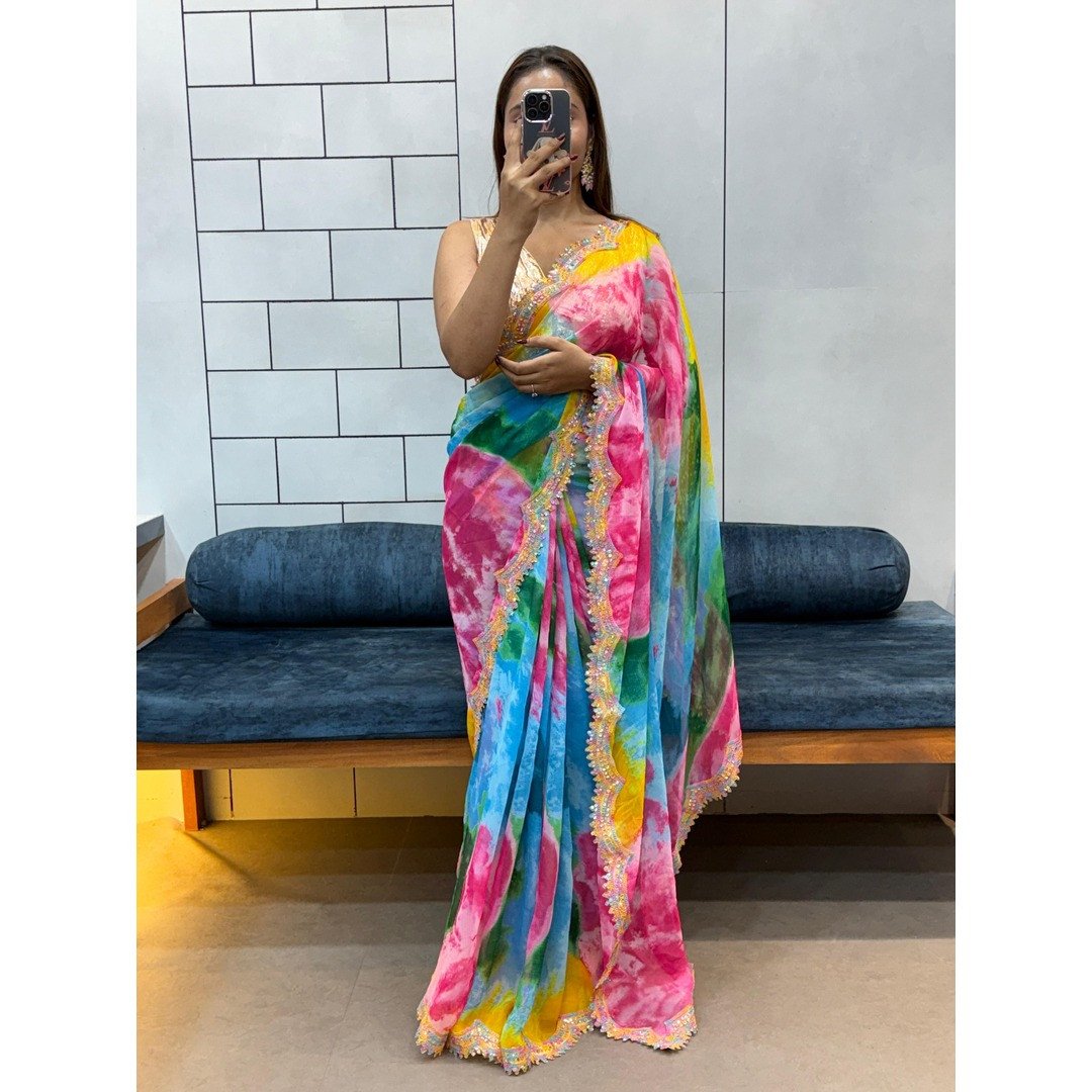Multicolour Celebrity Style Shibori Print Soft Faux Georgette Saree