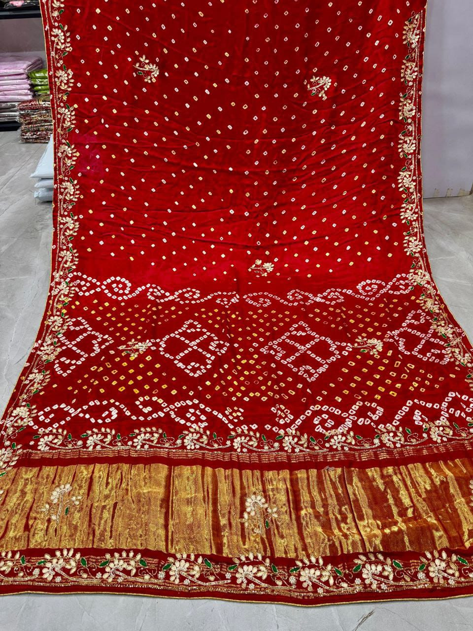 Premium Gaji Silk Bandhani Saree | Pure Lagadi Patta | Hand Gota Patti Work | Traditional Bandhej Collection