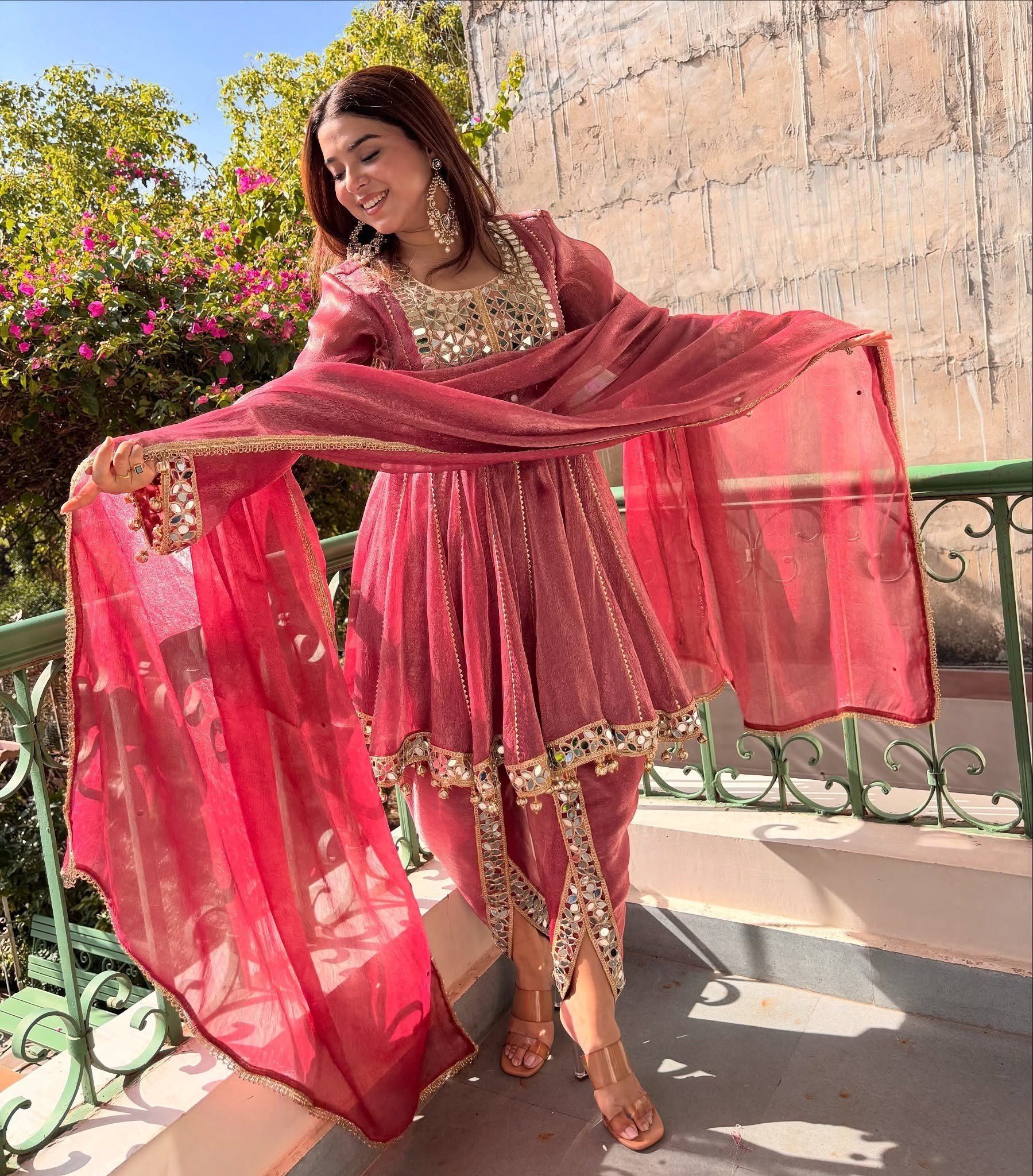 Pink Dhoti Style Suit Set for Women | Fandy Silk 3-Piece Suit with Real Mirror Work