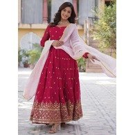 Embroidered Pink Georgette Anarkali Gown with Dupatta – Stitched Party Wear