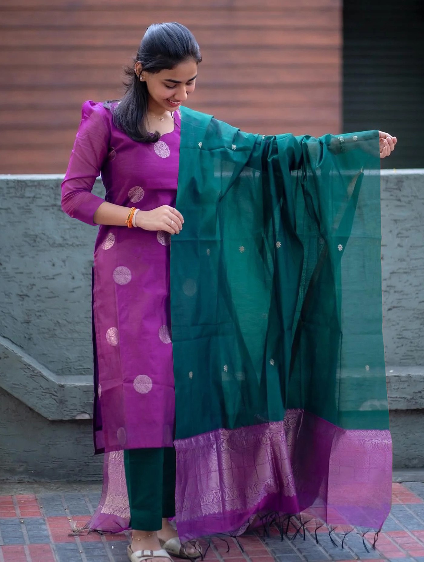 Purple Sofia Art Silk Jacquard Suit Set with Green Pant & Dupatta – Elegant Ethnic Wear for Women