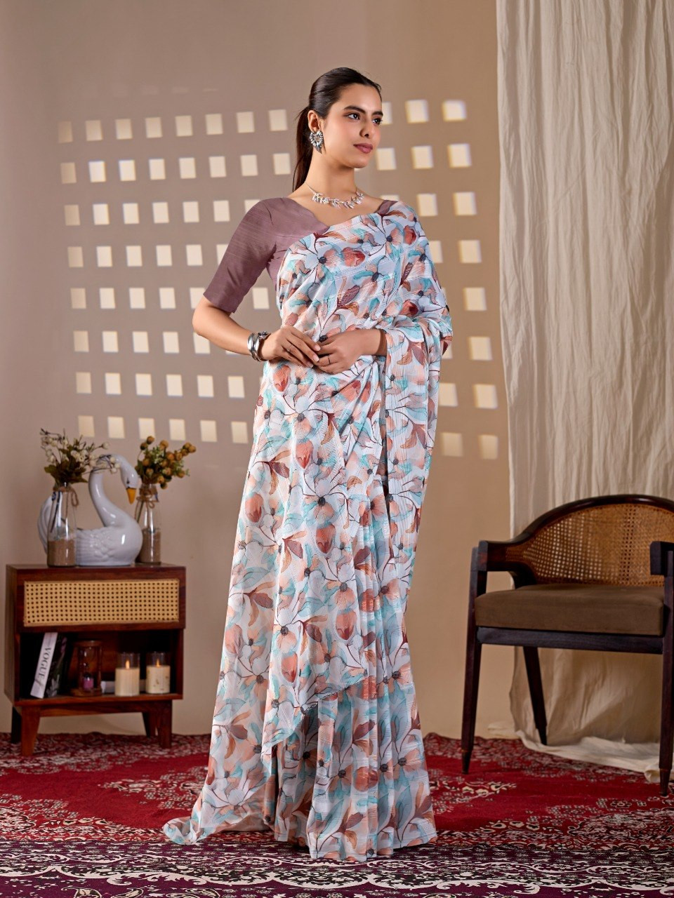 Premium Pastel Floral Printed Monsoon Saree with Matching Blouse