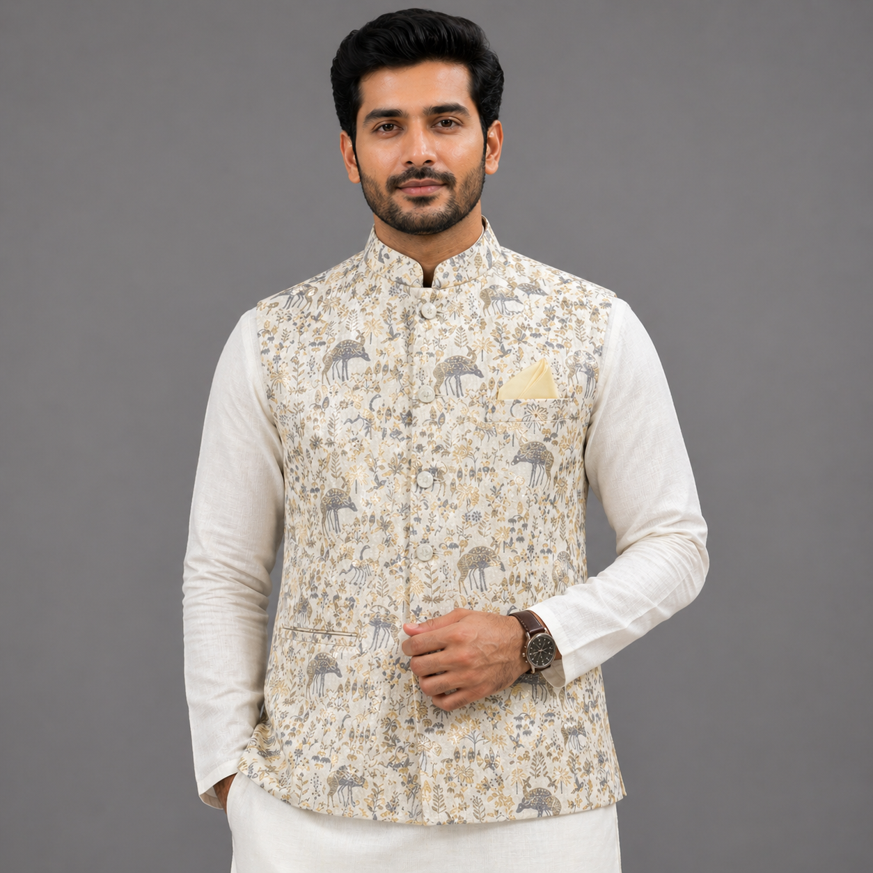 Ivory Deer Jacquard Nehru Jacket for Men | Ethnic Koti