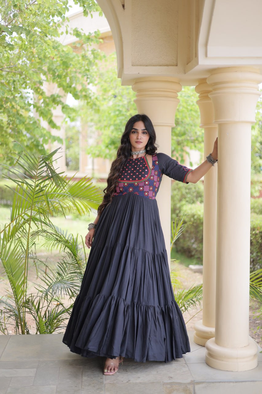Navratri Special Kora Cotton Multi-Thread Embroidered Real Mirror Work 12 Meter Flair Gown