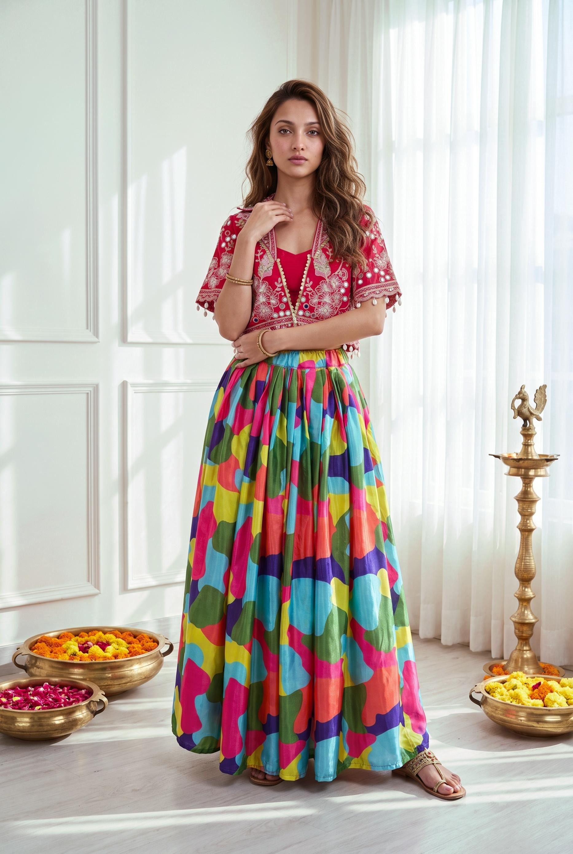Royal Chinon Silk Printed Lehenga Choli with Heavy Crepe Silk Embroidered Mirror Work Jacket | 4 Meter Flare