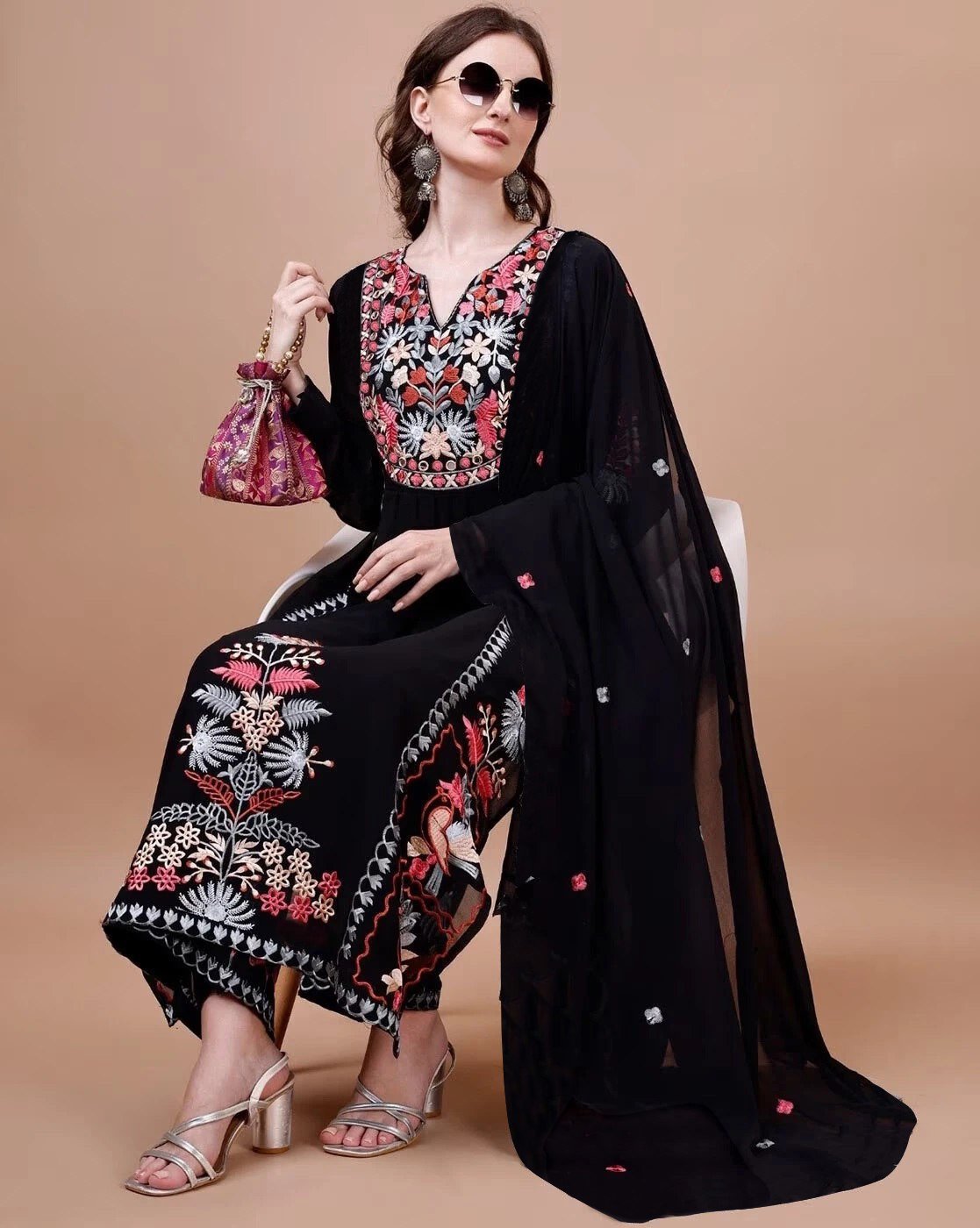 Women’s Black Georgette Embroidered Kurta Palazzo Dupatta Set