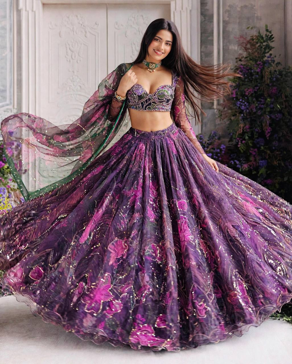 Premium Tabby Silk Lehenga – Digital Print & Sequence Figure Work