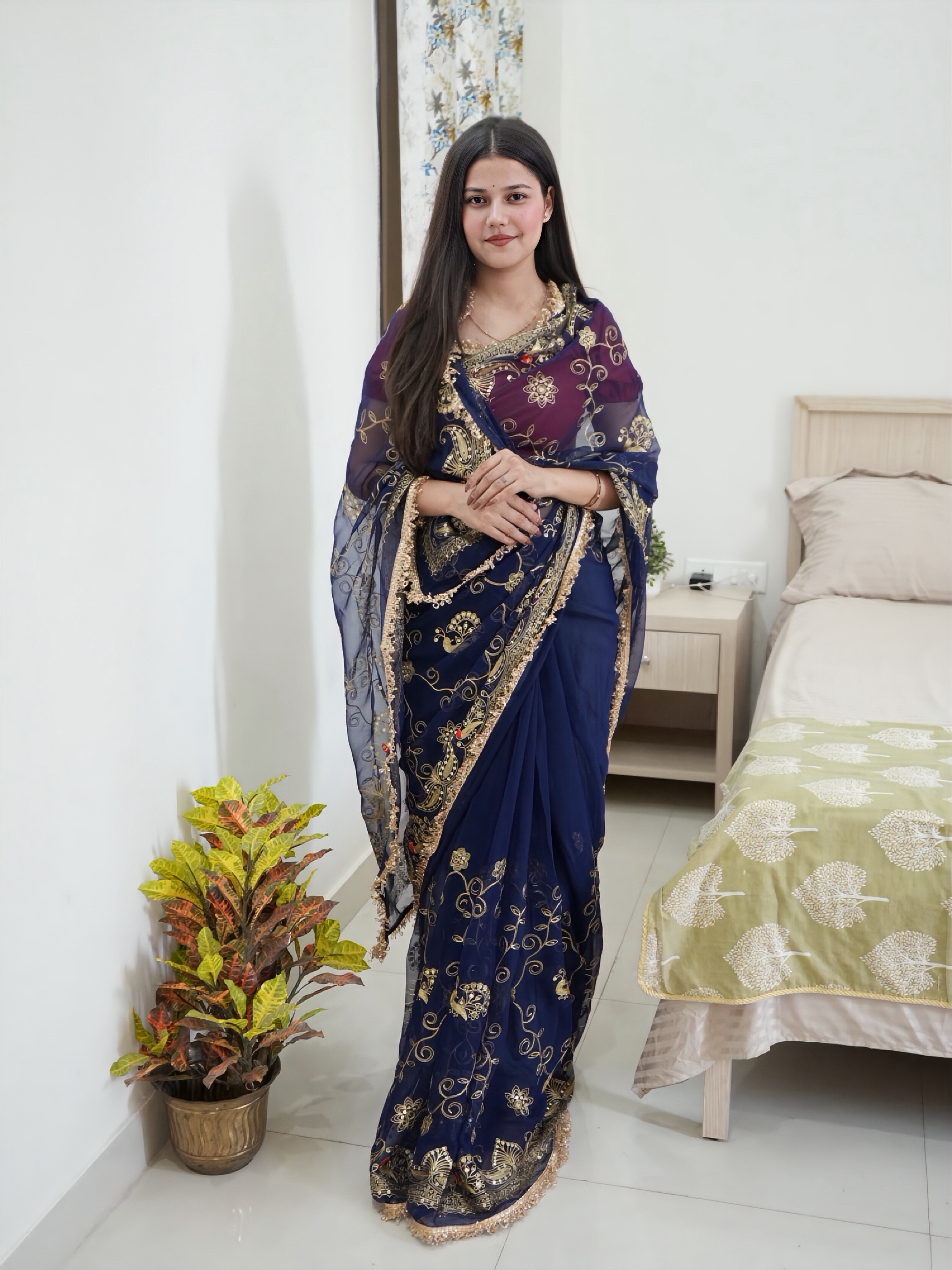 Premium Navy Blue Royal Georgette Rajwadi Saree with Blouse