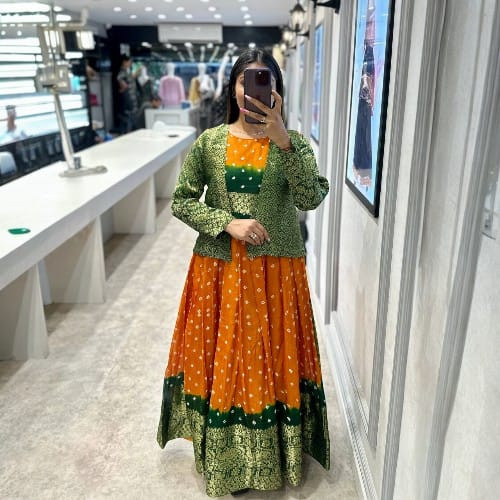 Wedding Special Bandhani Silk Gown with Koti | Heavy Zari Designer Outfit