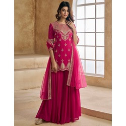 Elegant Pink Georgette Embroidered Kurta Sharara Dupatta Set for Women
