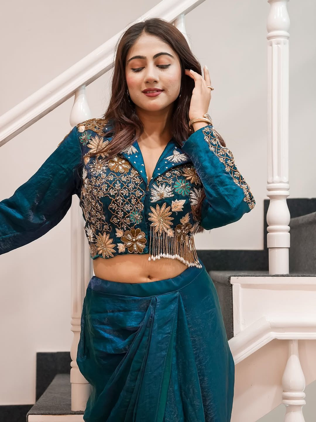 Festive Western Two-Piece Dhoti Set – Semi Beads Embroidered Blouse