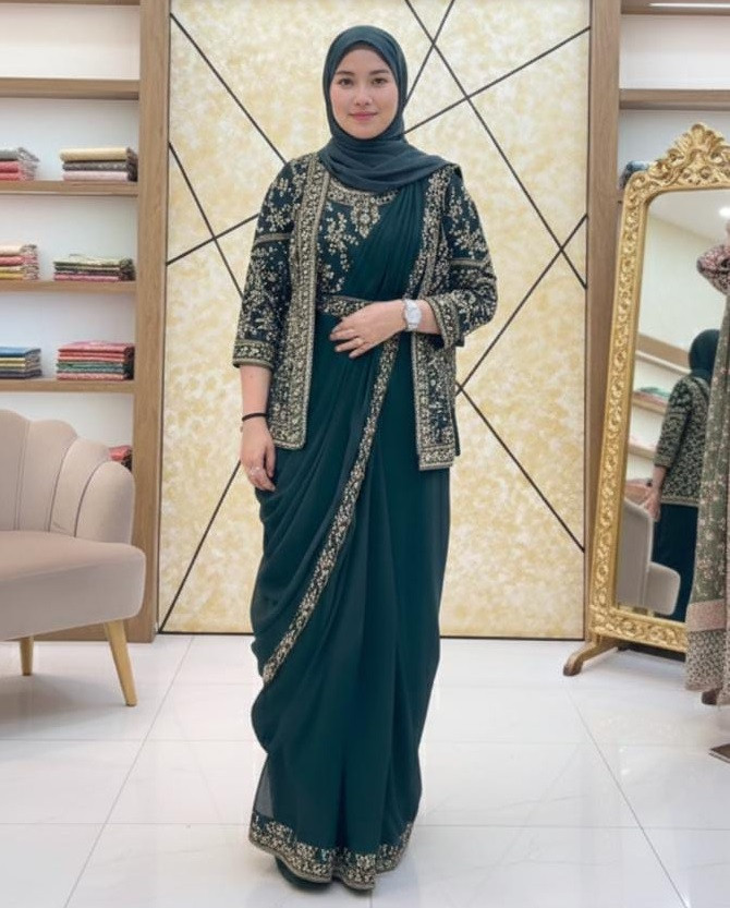 Designer Ready-to-Wear Jacket Saree with Embroidered Belt – Faux Georgette Party Wear