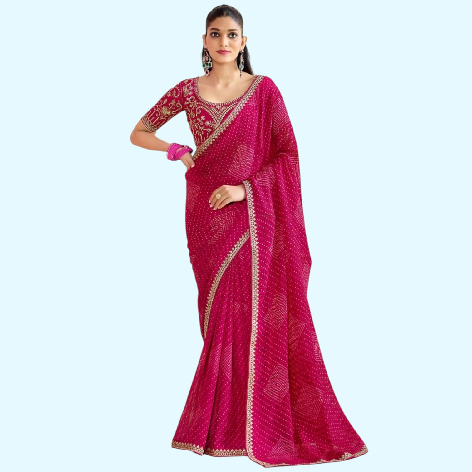 Royal Bandhni Moss Chiffon Saree with Embroidered Lace & Designer Blouse
