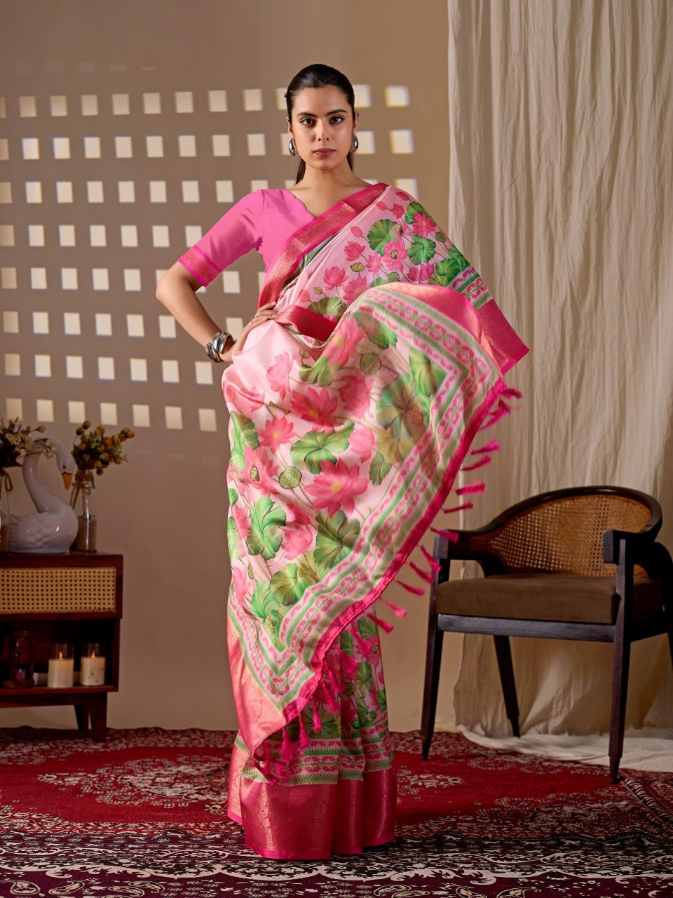 Elegant Sky Blue Floral Lichi Silk Saree with Rich Woven Border