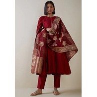 Women’s Maroon Silk Kurta Pant Dupatta Set | Cotton Silk Solid Kurti with Pant & Jacquard Silk Blend Dupatta