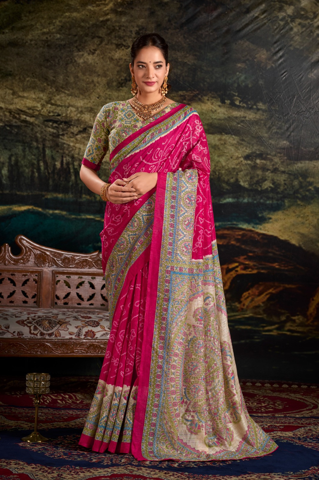 Green Silk Artistry: Fusion Of Madhubani and Bandhej Saree