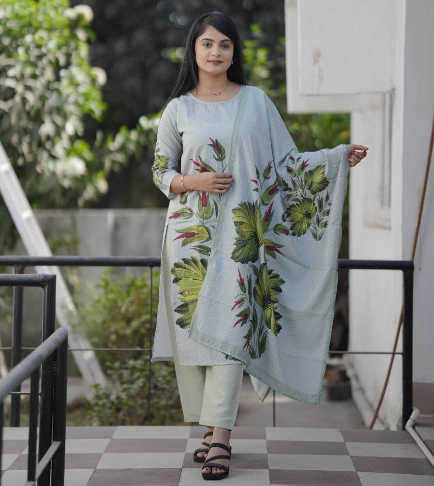 Pakistani Suit Digital Prints, Sequin Embroidery Lace Detailing 3 Piece Set
