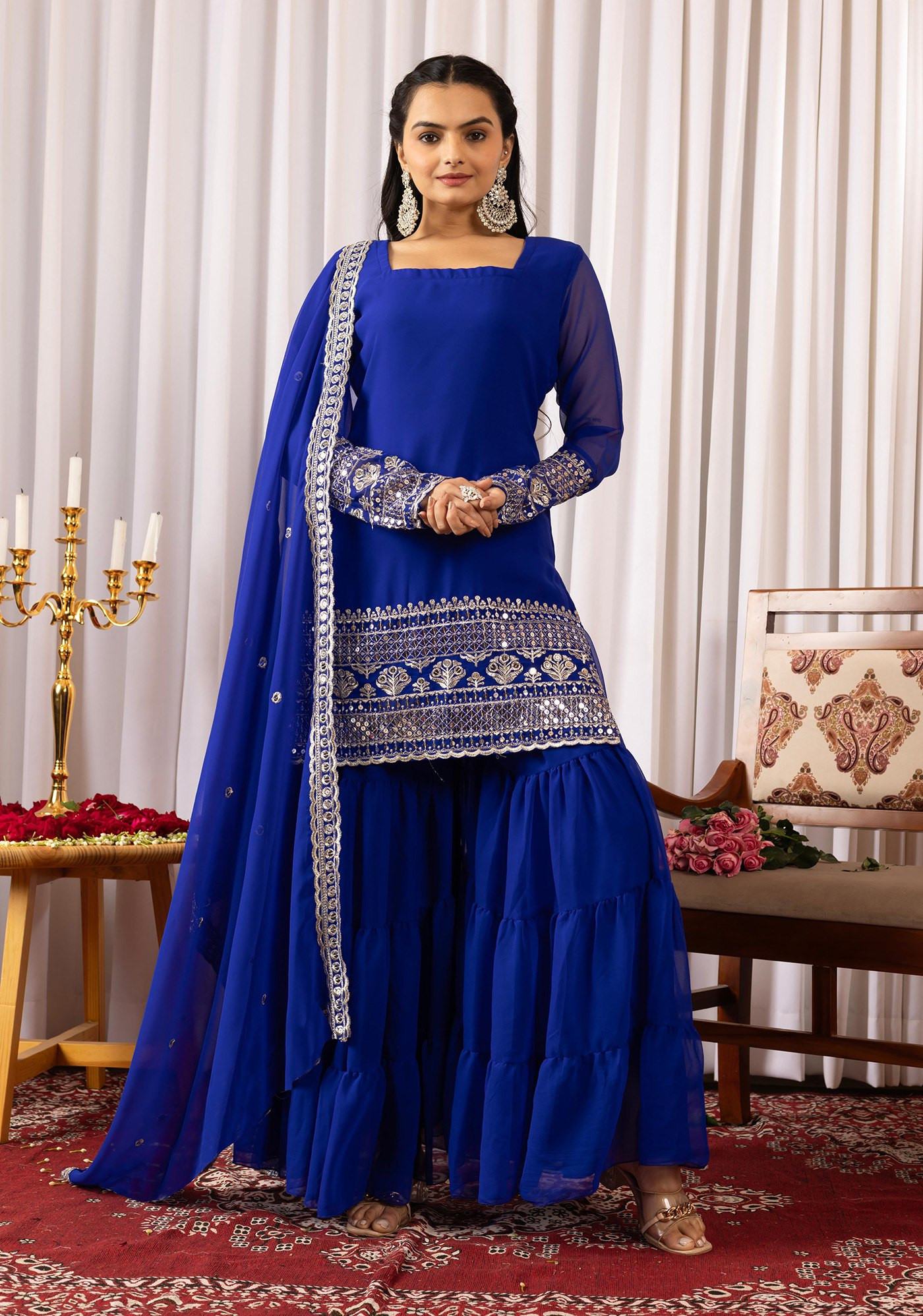 Elegant Blue Georgette Kurta Sharara Dupatta Set | Embroidered Ethnic Wear for Women