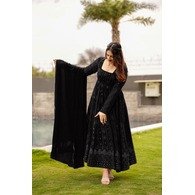 Embroidered Georgette Anarkali Gown with Dupatta – Full Sleeves, Stitched, Black & Grey