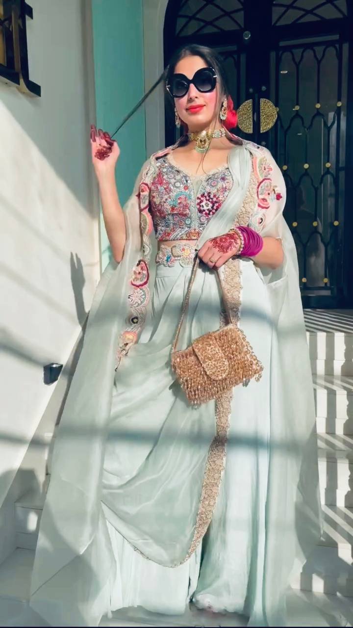 Fox Georgette Designer Koti Set – Embroidered Koti with Palazzo, Blouse & Dupatta