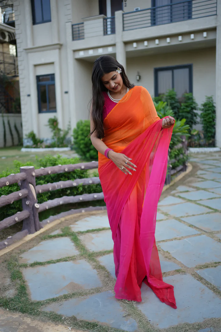 Pure Chiffon Rajputi Saree Orange-Pink Ombre Dual Tone Traditional Ethnic Saree