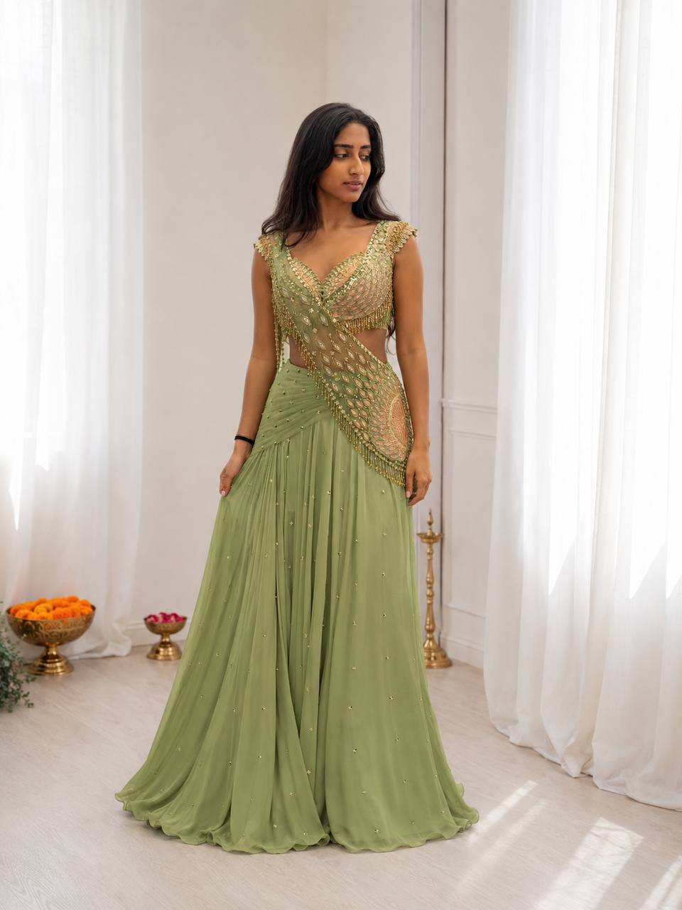 Premium Chinon Silk Lehenga with Embroidered Blouse & Attached Net Pallu | Ready to Wear