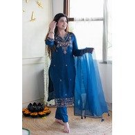 Women’s Cerulean Vichitra Silk Embroidered Kurta Pant Dupatta Set