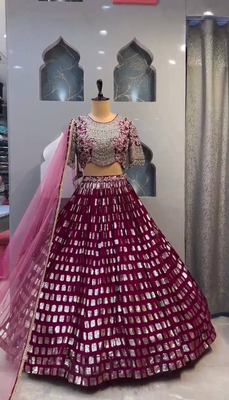Sequins Thread Lehenga with Can-Can & Canvas Layers – Semi-Stitched