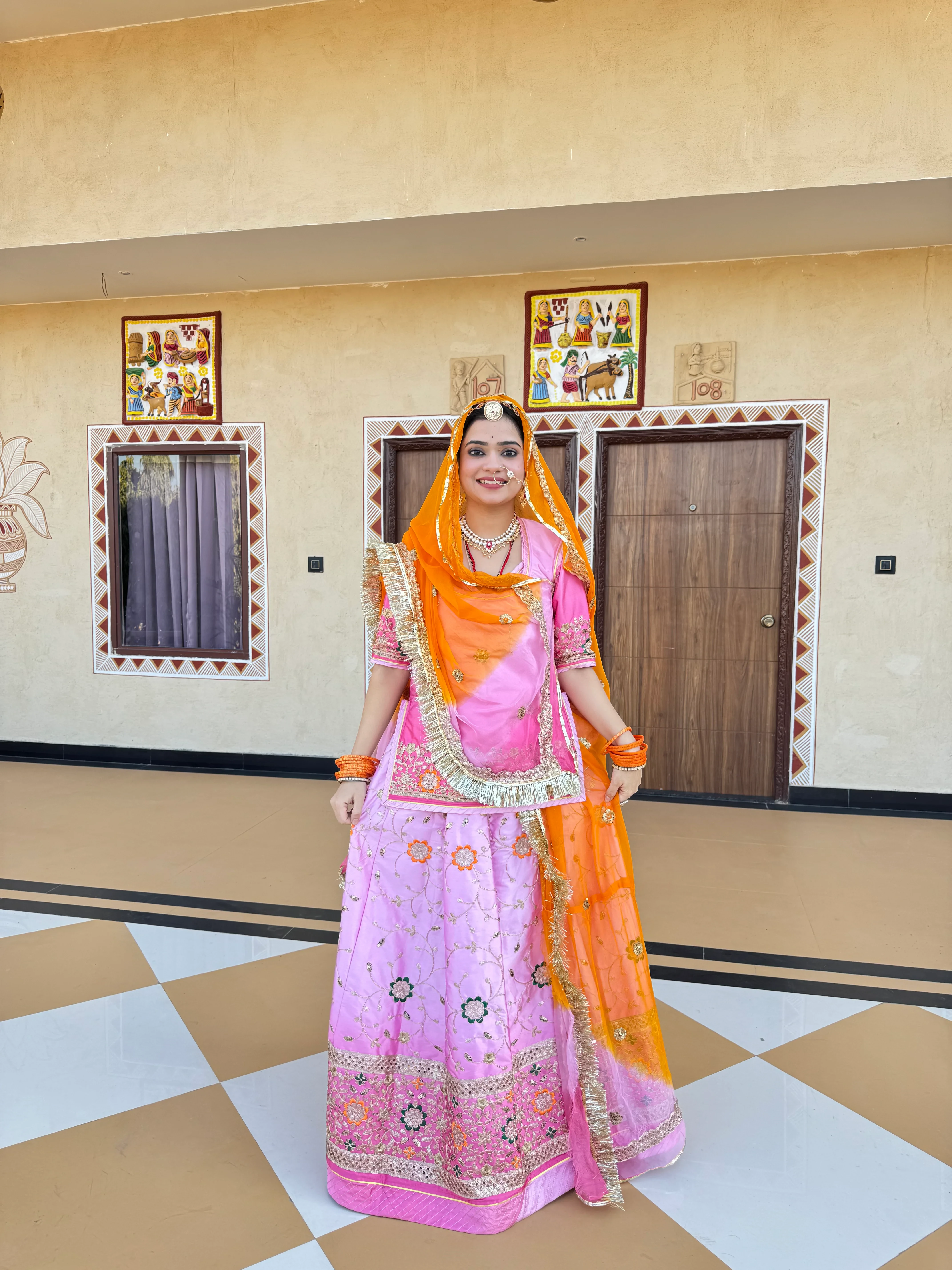 Satin Suit Pink Rajputi Poshak With Contrast Odhana